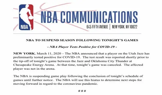 NBA SUSPENSA POR CASO DE CORONAVIRUS (COVID-19)